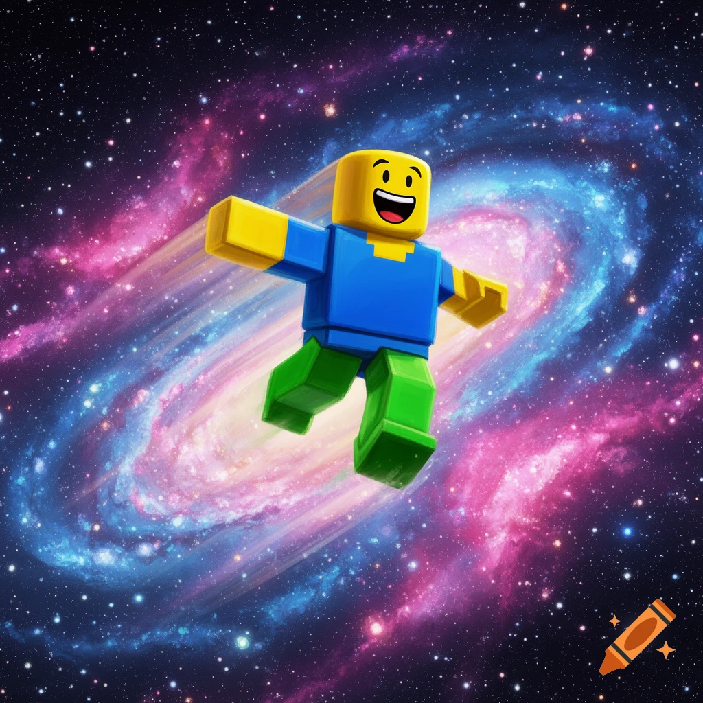A happy Roblox noob character jumps through a vibrant, star-filled galaxy with a colorful nebula.