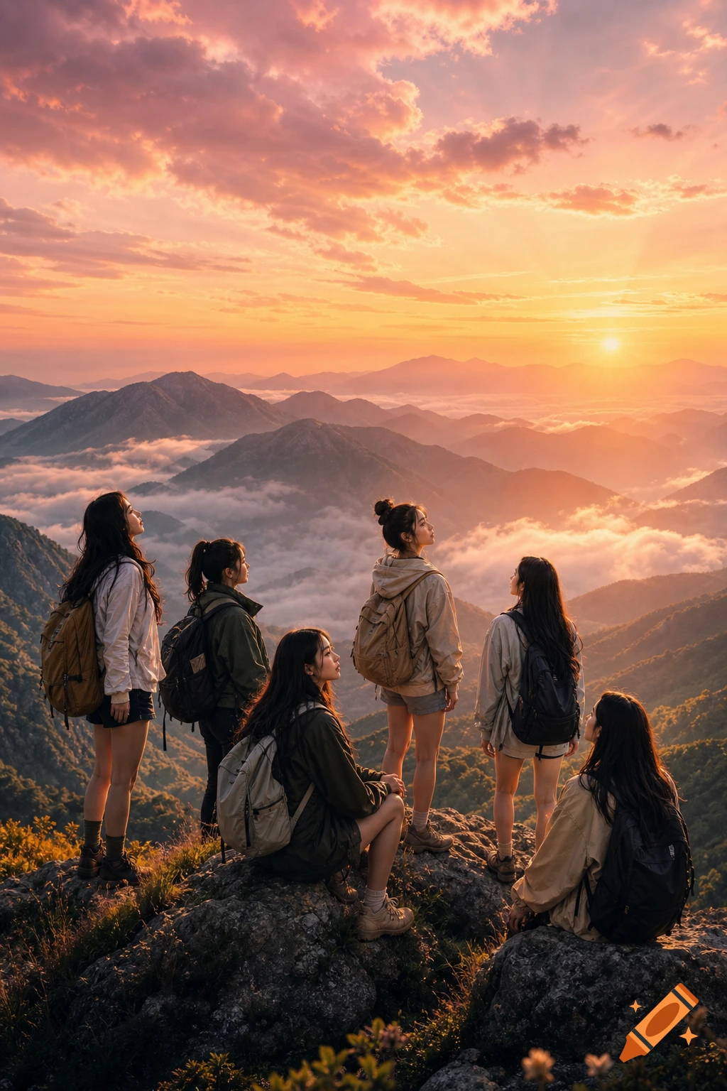 Six girls with backpacks stand and sit on a mountain top, gazing at a vibrant sunset over a misty mountain range.