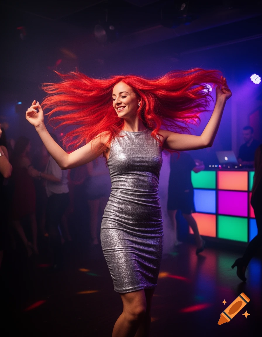 A red-haired woman in a silver dress dances joyfully with her hair flowing in a neon-lit nightclub.