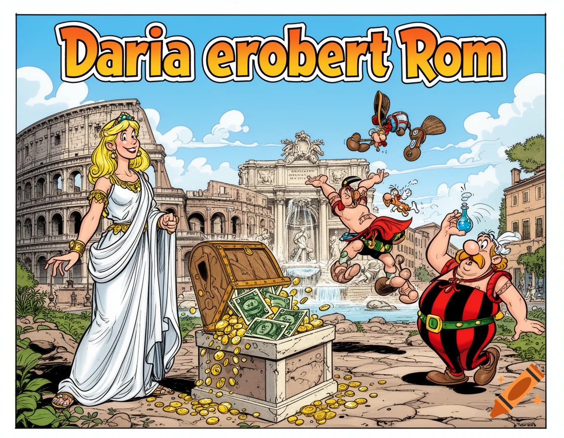 Comic illustration titled 'Daria erobert Rom' with a blonde woman, treasure chest, and Asterix-like characters in ancient Rome.