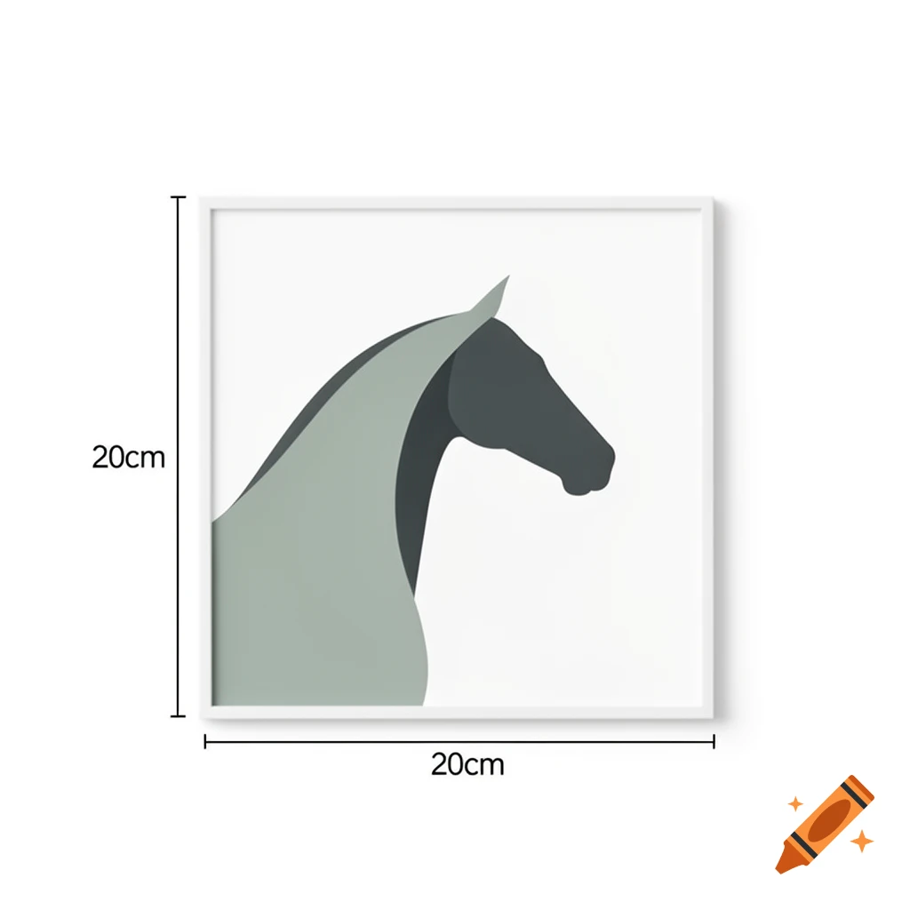 Minimalist illustration of a grey and teal horse head in profile, framed and labeled with 20cm x 20cm dimensions on a white background.