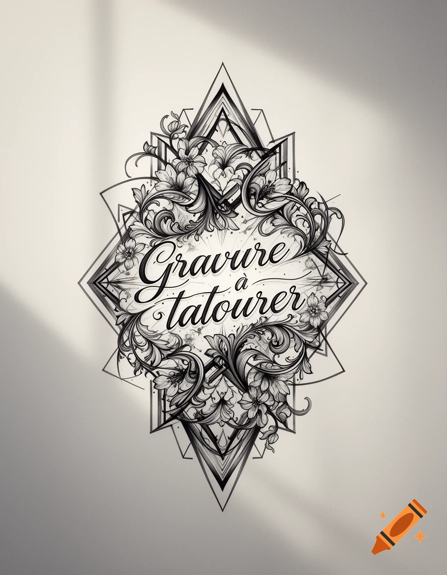 Black and white engraving style tattoo design with text 'Gravure à tatouer' surrounded by ornate floral and geometric patterns.