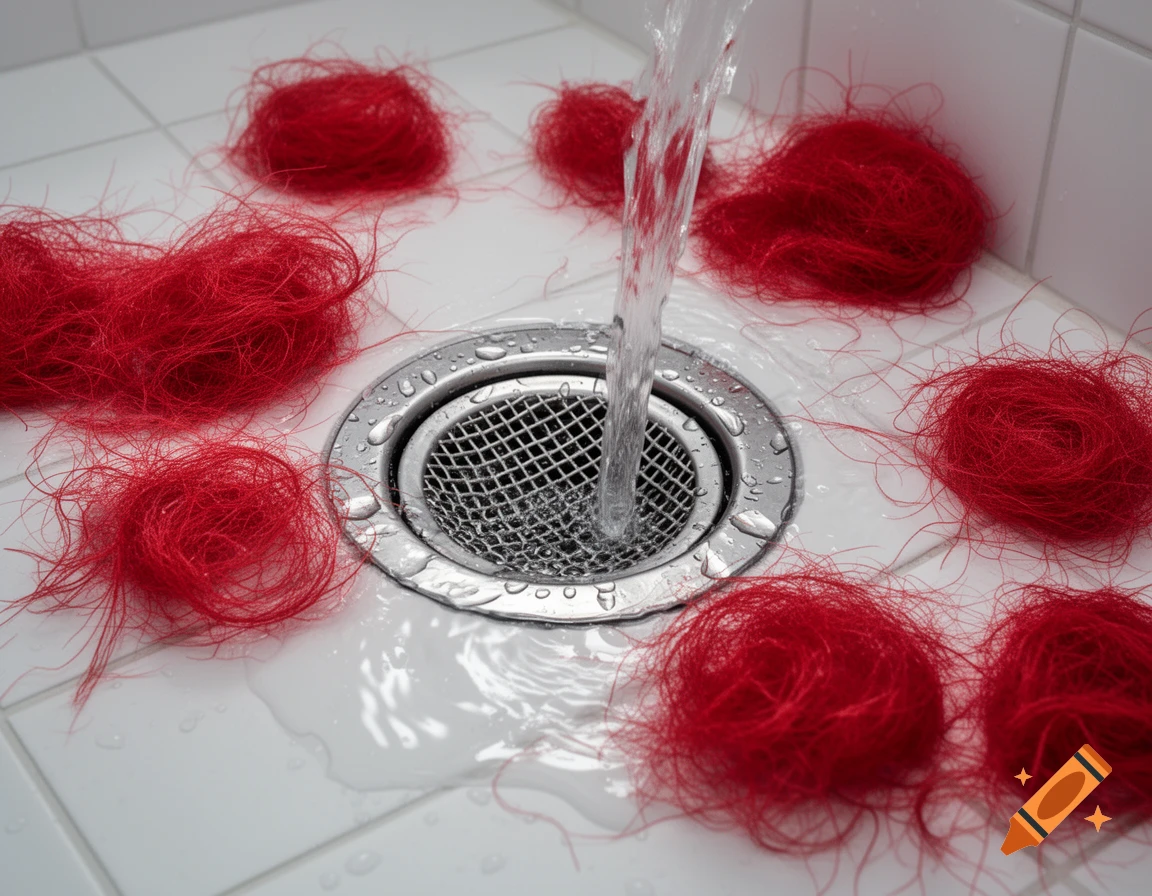 Water pouring into a shiny metal shower drain, surrounded by scattered bundles of bright red yarn-like fur on white tiled floor.