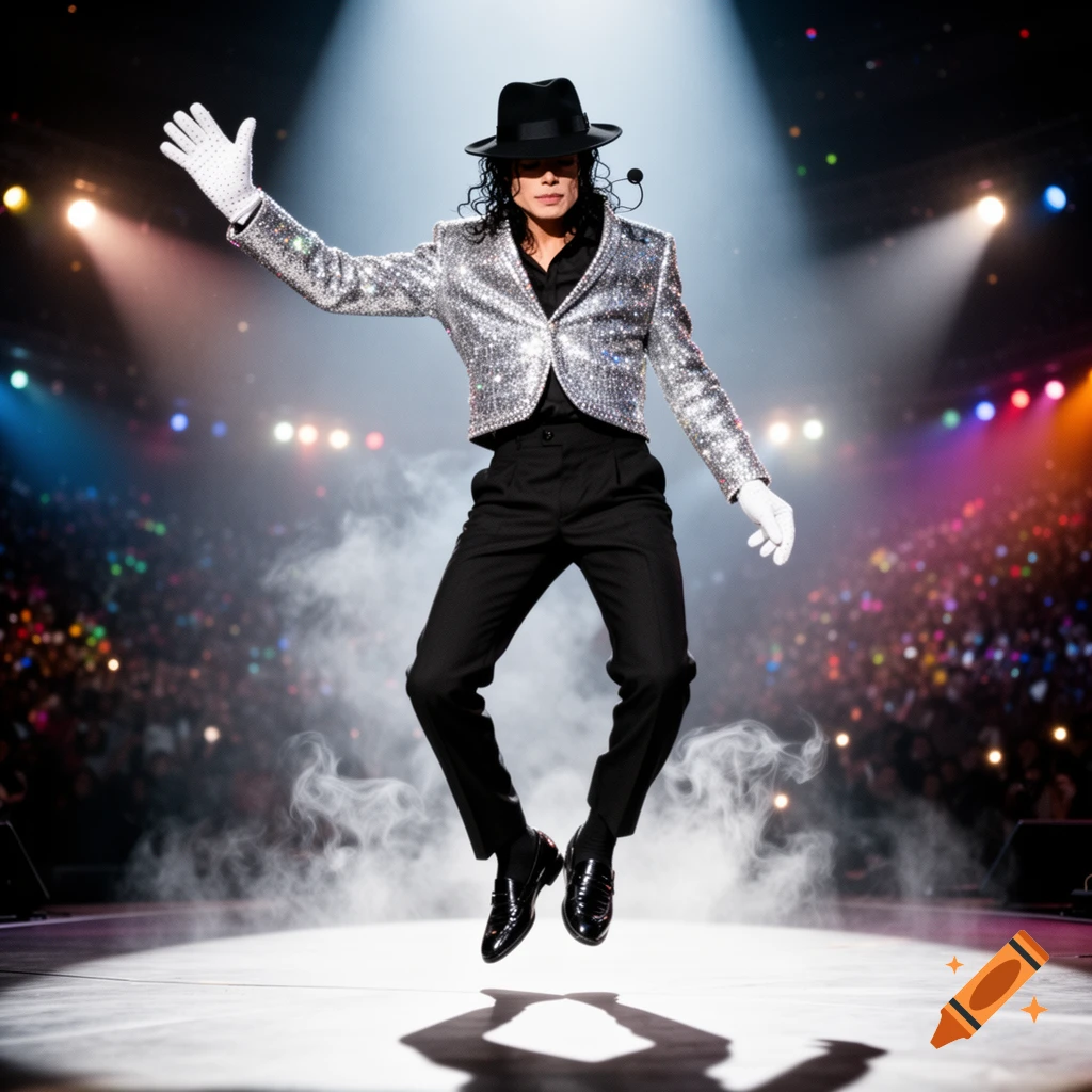 Michael Jackson in a sequined jacket, black fedora, and white gloves, jumping mid-dance on a smoky stage with a spotlight.