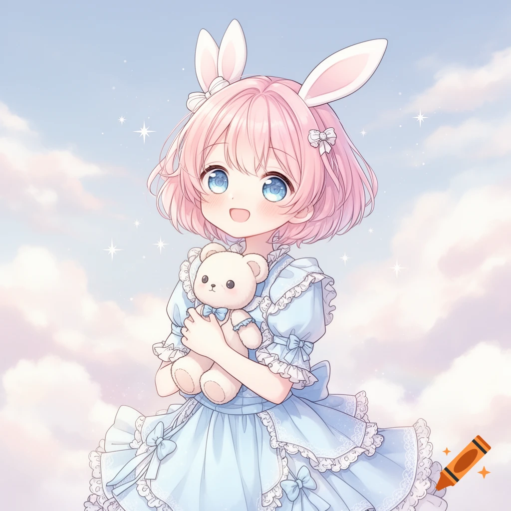 Cute anime girl with pink hair and bunny ears in a blue frilly dress, holding a teddy bear against a cloudy sky.