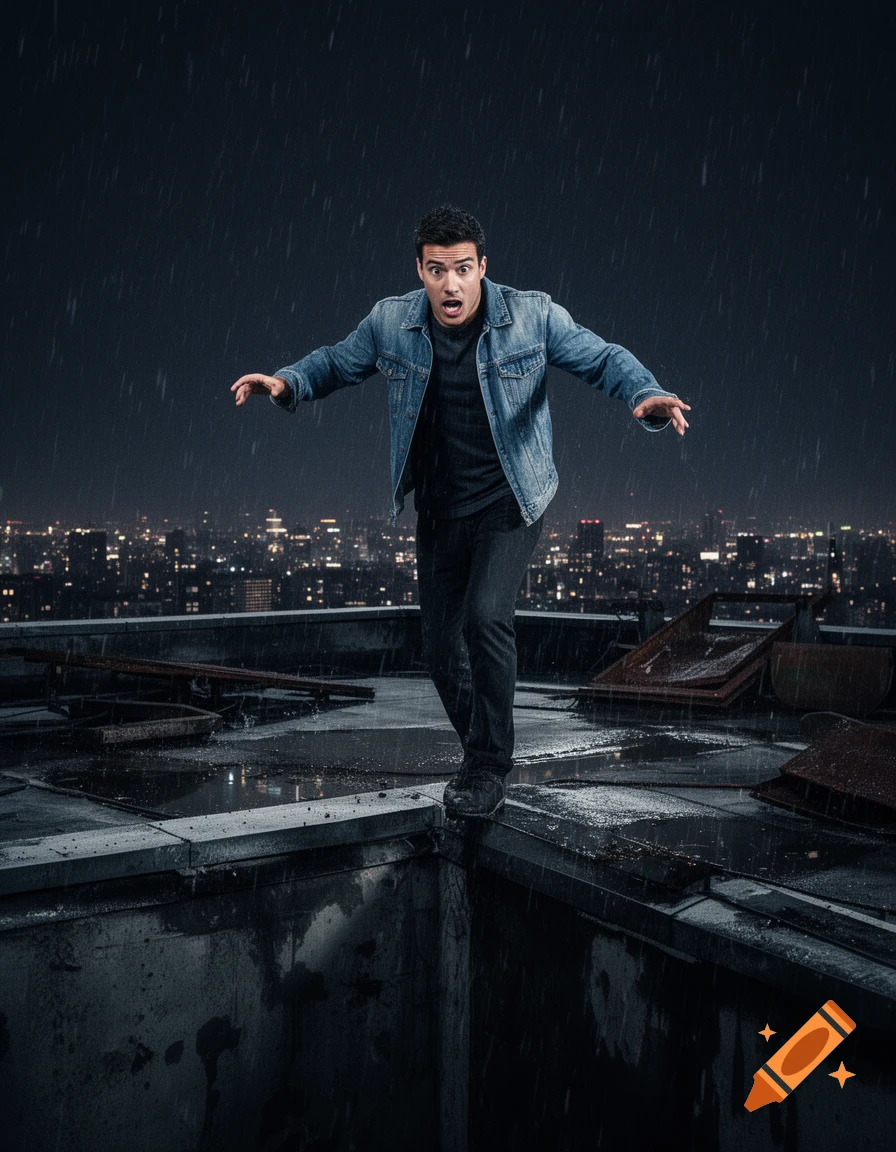 Man in a denim jacket looking scared on a rainy city rooftop at night, with a blurred cityscape below.