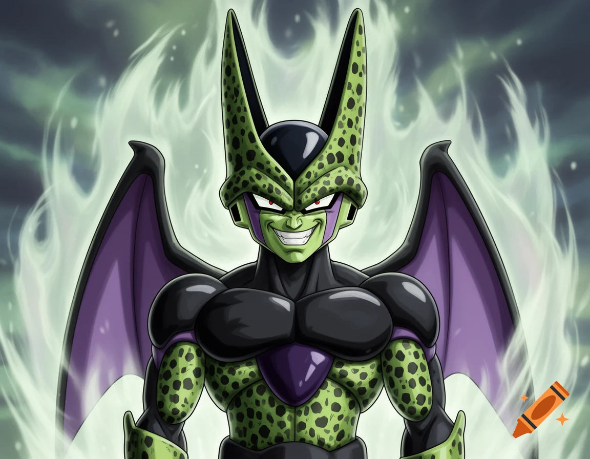 Anime villain Cell from Dragon Ball, a green humanoid with black armor and purple wings, grins with green energy.
