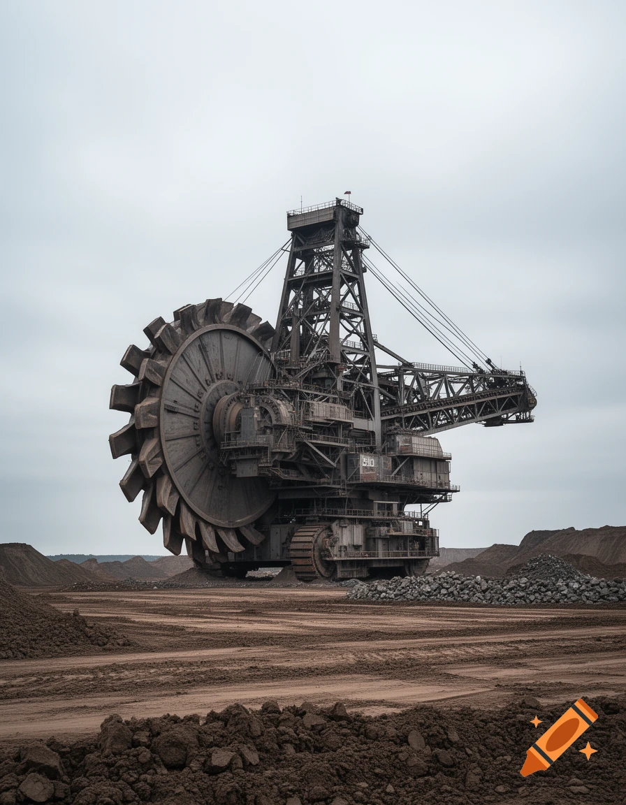 A massive industrial bucket-wheel excavator, known as Bagger 293, stands in a vast open-pit mine under an overcast sky.
