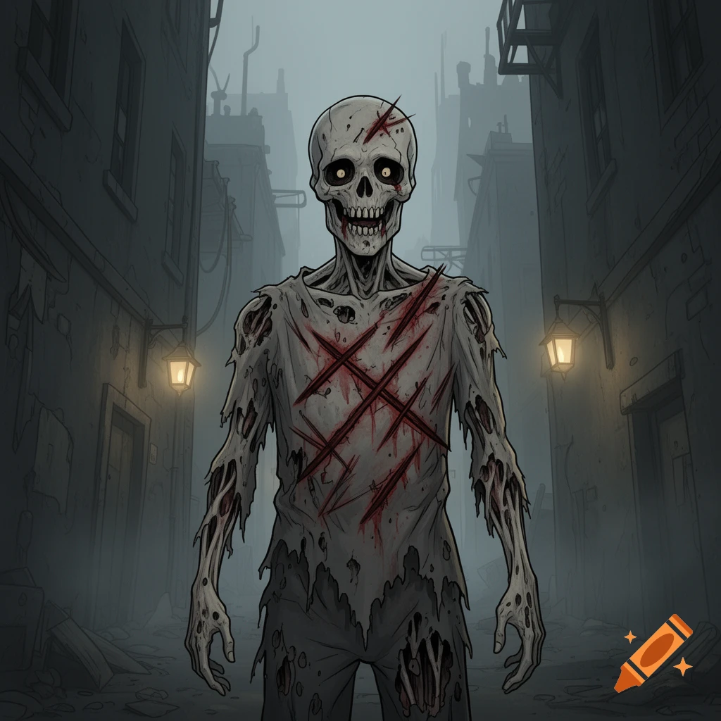 A cartoonish zombie with glowing yellow eyes, tattered clothes, and bloody gashes stands in a dark, foggy alleyway.