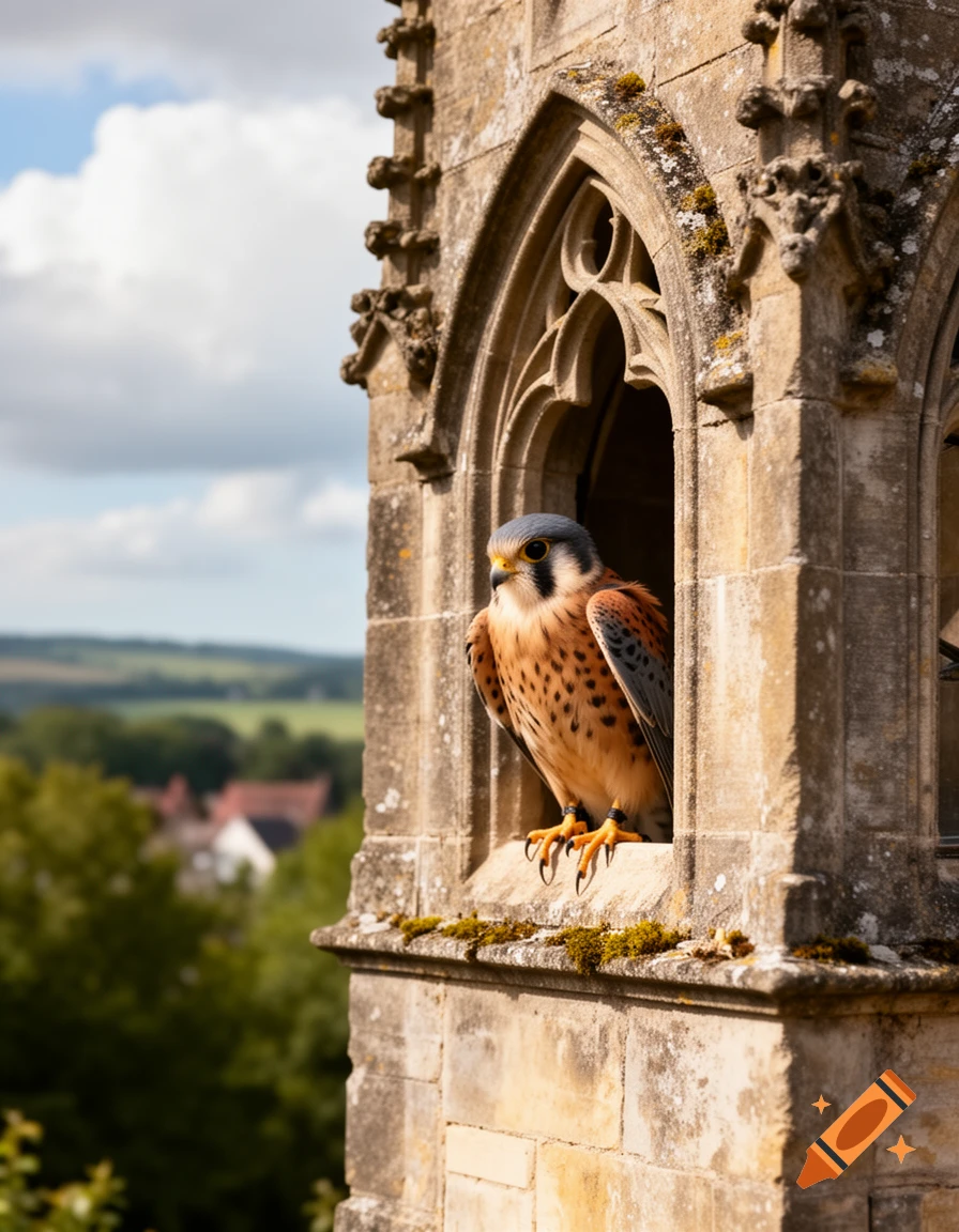 A small kestrel with blue-grey and speckled orange feathers perches in an ornate gothic stone church tower window, looking out over a green, rural landscape under a cloudy sky.
