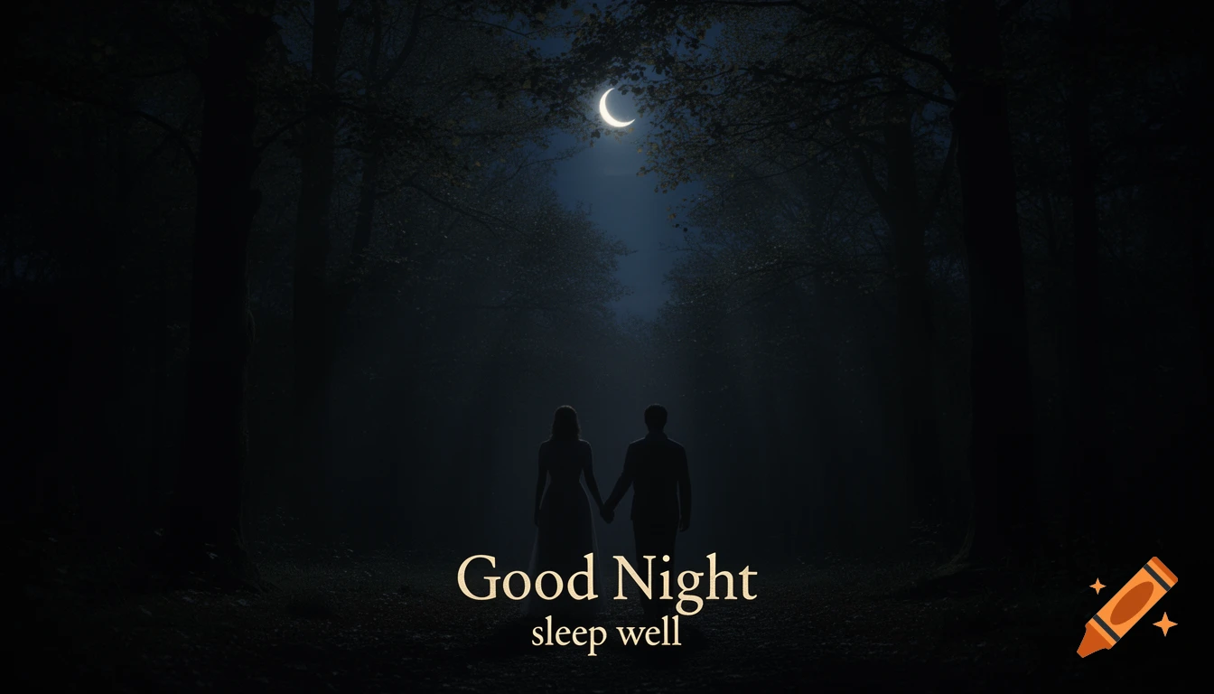 Silhouettes of a couple holding hands walk into a dark, moonlit forest, with "Good Night sleep well" text.