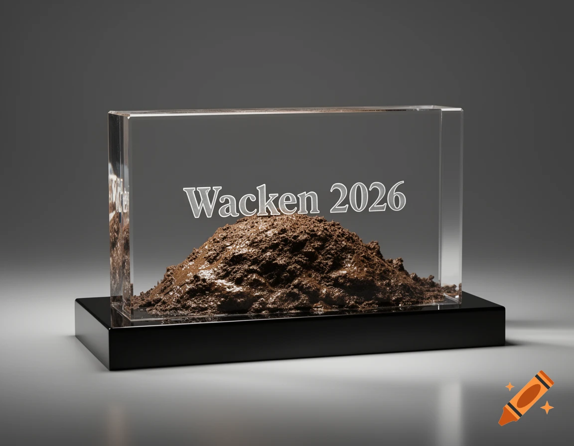 A clear acrylic block on a black base containing a mound of mud, with 'Wacken 2026' engraved on it.