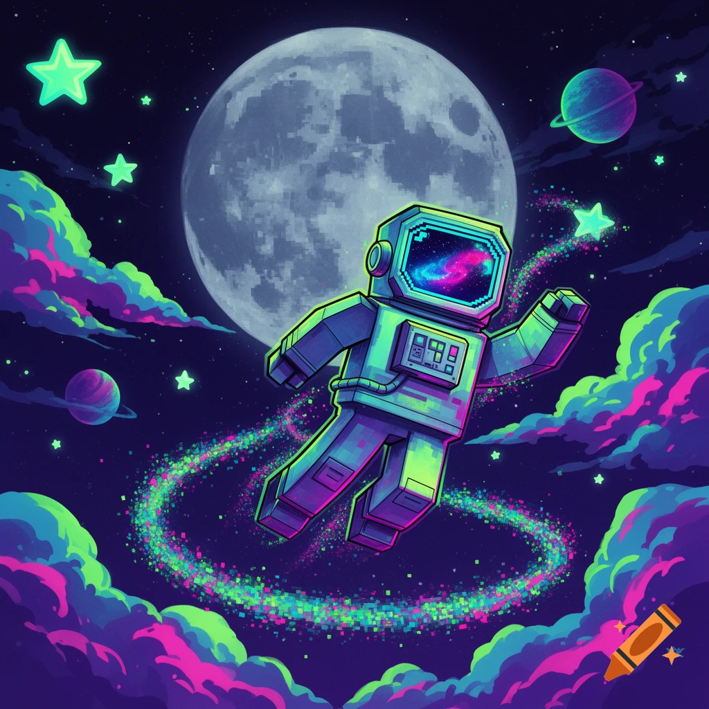 Pixel art astronaut floats in vibrant neon space with a large moon, planets, and colorful clouds, leaving a sparkling trail.