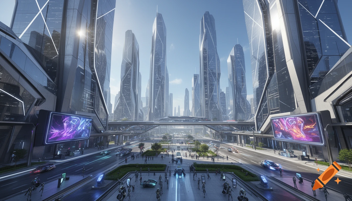 Photorealistic futuristic cityscape with towering angular buildings, flying vehicles, and a busy street filled with people and robots.