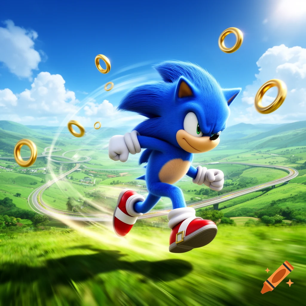 Sonic the Hedgehog runs quickly through a lush green landscape with golden rings floating around him under a bright blue sky.