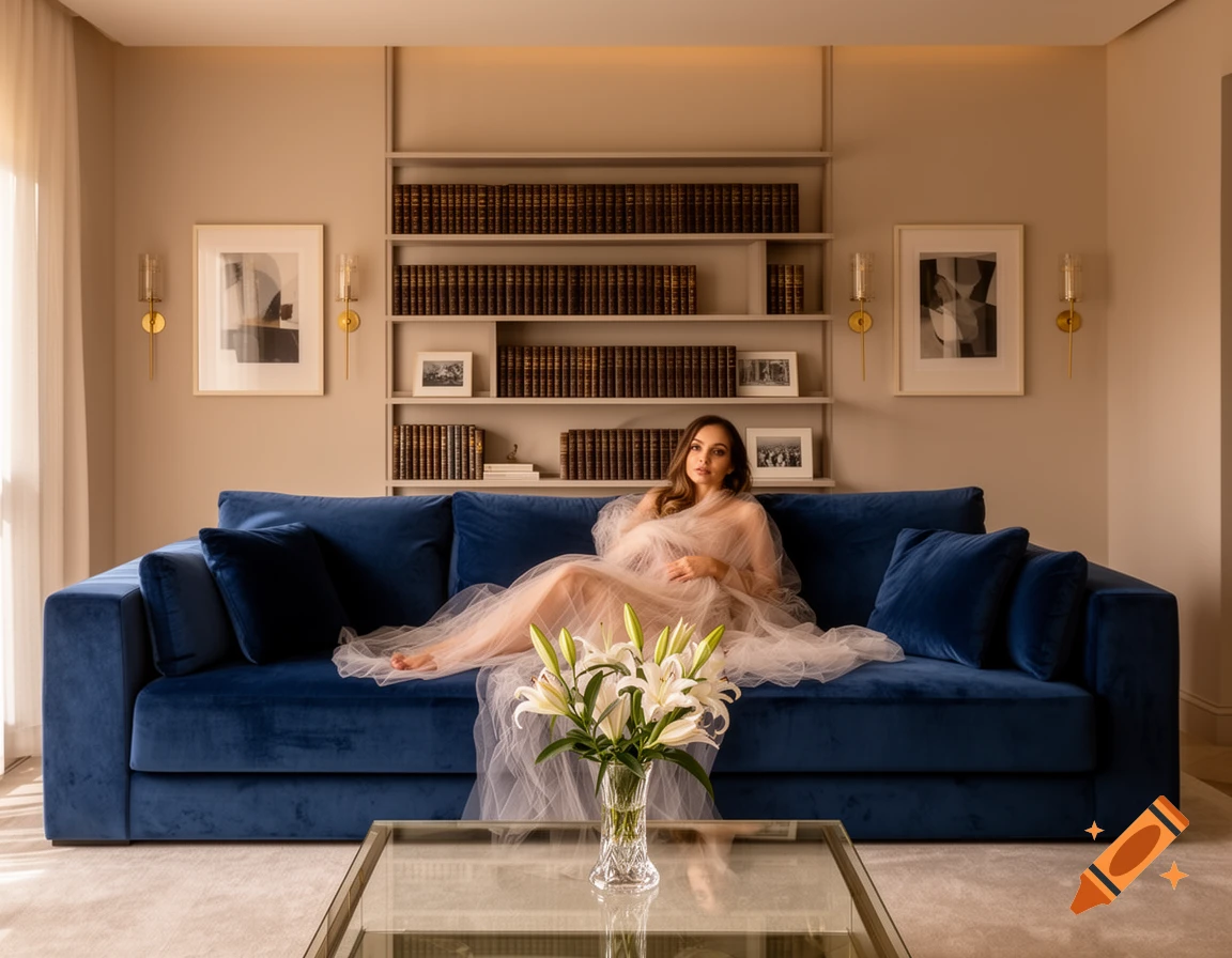 A pregnant woman in sheer fabric reclines on a blue velvet sofa in a luxurious living room with bookshelves and lilies.