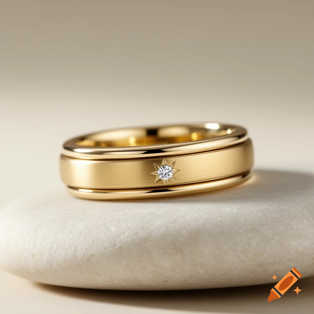 Close-up of a brushed yellow gold spinner ring with a diamond-set eight-point star on a neutral stone background.