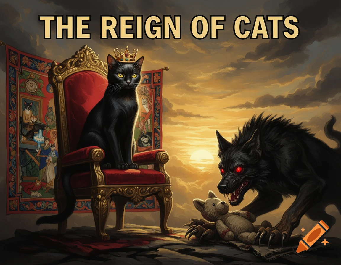 A black cat with a crown sits on a golden throne, observing a monstrous black wolf snarling over a ripped teddy bear against a dramatic sunset.