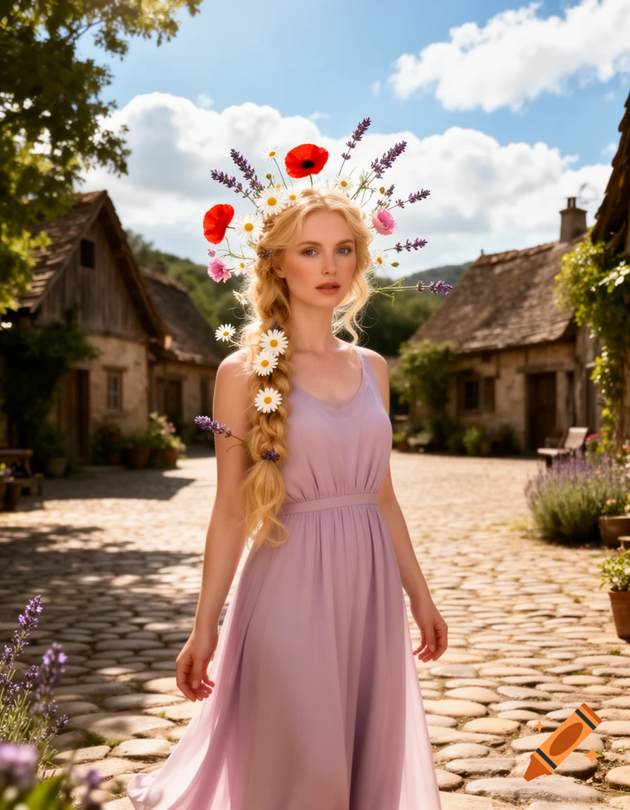 A beautiful blonde woman with a flower crown and braided hair, wearing a lilac dress, stands on a cobblestone path in a sunny village.