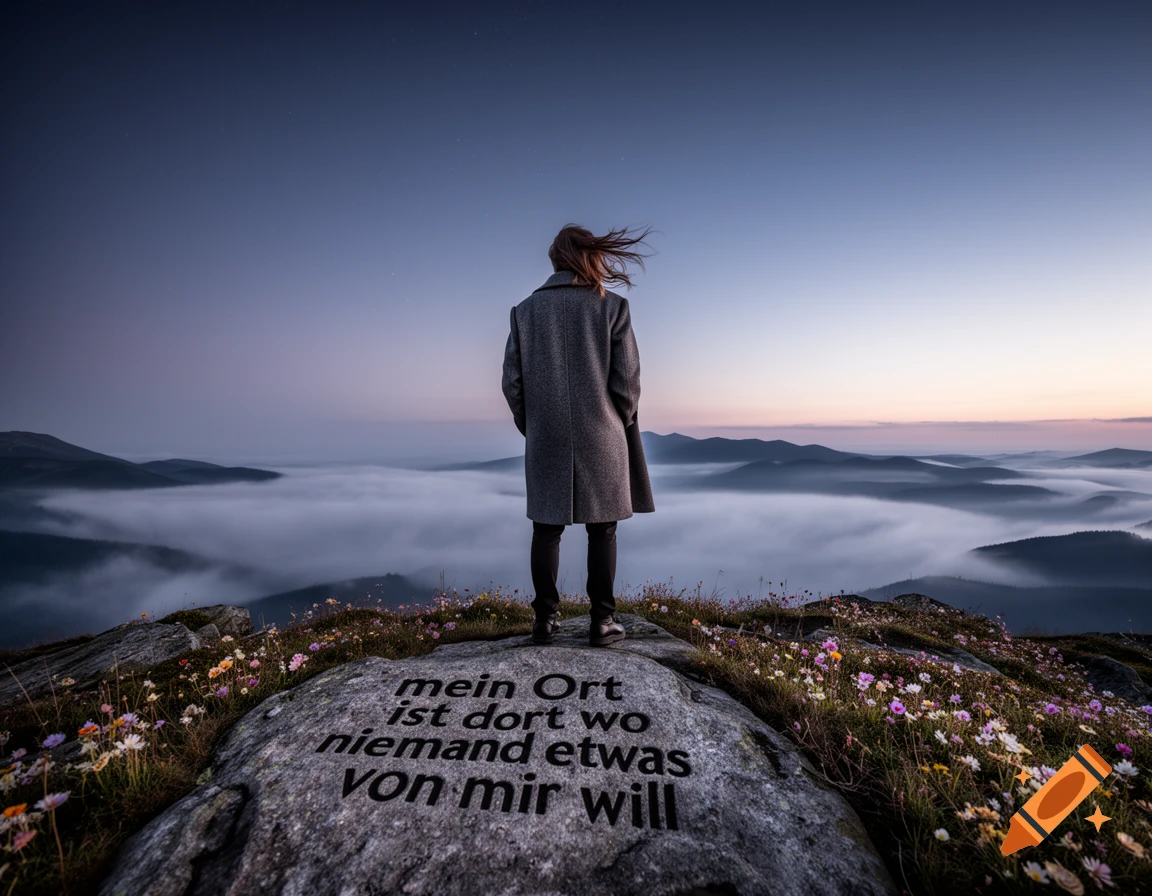 A person stands on a rocky mountain peak at twilight, gazing over a valley of clouds. German text is etched into a rock.