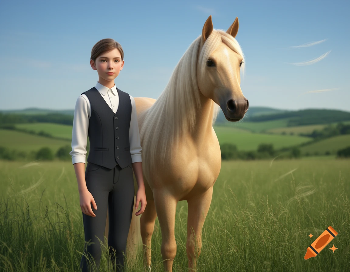 Photorealistic portrait of a young equestrian in a white shirt and dark vest standing with a palomino horse in a grassy meadow.