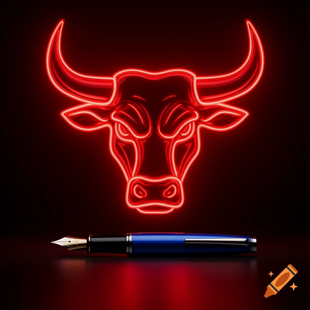 A vibrant red neon outline of a bull's head above a shiny blue fountain pen on a dark, reflective surface.