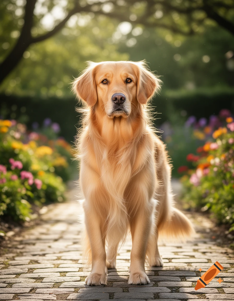 A photorealistic golden retriever stands on a stone path in a lush, sunlit garden with colorful flowers.