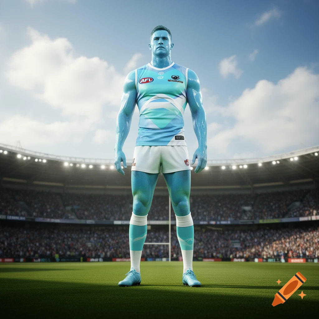 A towering, muscular man with blue skin and aqua-white sports uniform stands on a green field in a large stadium under a blue sky, looking directly forward.