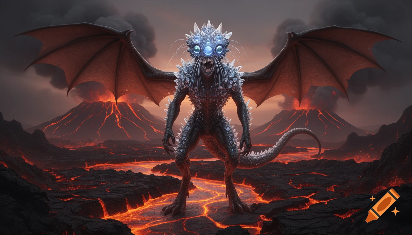 A photorealistic winged alien creature with crystalline spikes and glowing eyes stands on a volcanic lava landscape.