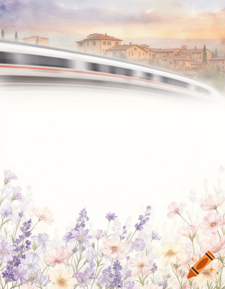 A blurred train speeds across the top over a watercolor landscape of Italian-style buildings, with a field of pastel flowers at the bottom.