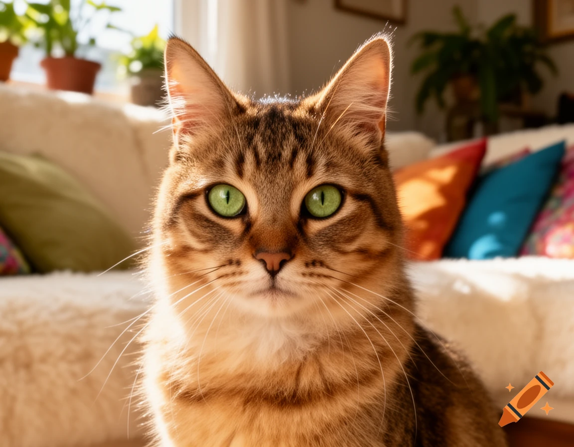 Close-up of a brown tabby cat with bright green eyes, looking directly at the viewer in a sunlit living room.