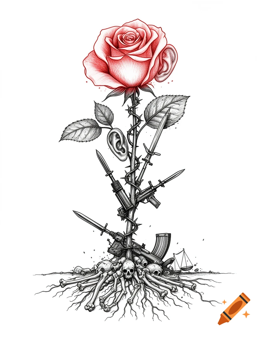 Detailed line art of a red rose with a barbed wire stem, weapons, human ears, and roots of skulls and bones. A broken scale lies below.