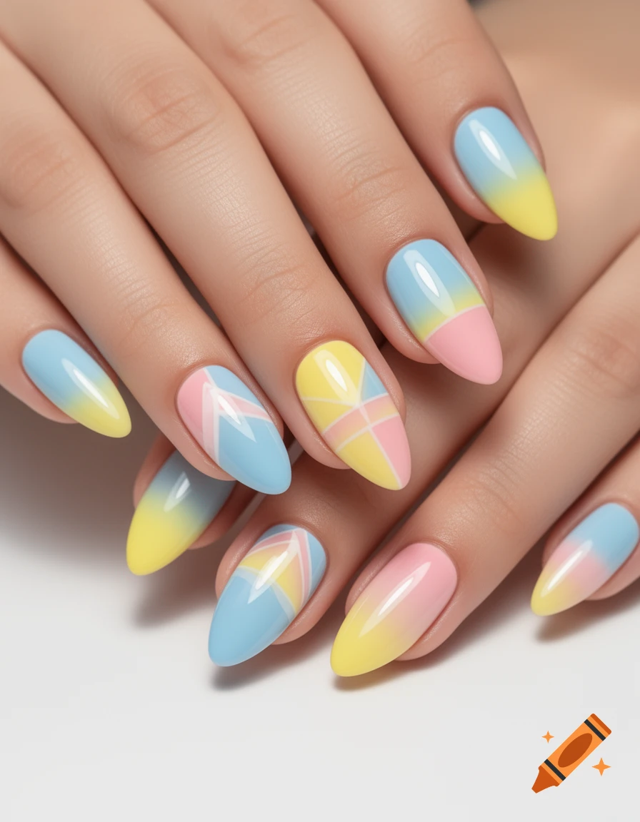 Close-up of hands with stiletto nails featuring pastel blue, pink, and yellow gradient and geometric designs.