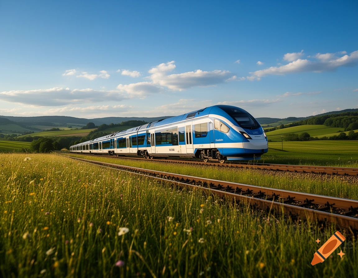 A modern blue and white train travels on tracks through a vibrant green field under a clear blue sky with hills in the background.