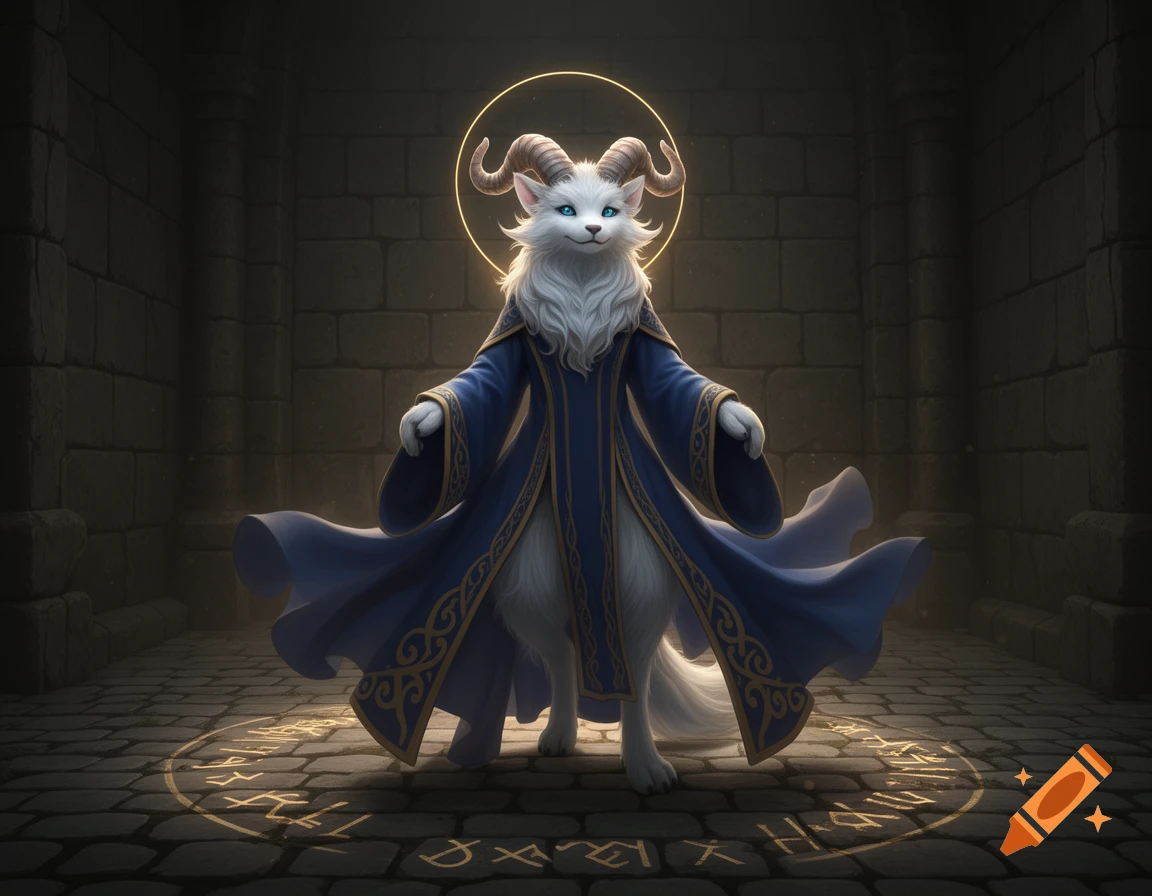 A majestic white furry horned cat-like creature in a blue wizard robe stands in a dark stone temple with glowing runes on the floor.