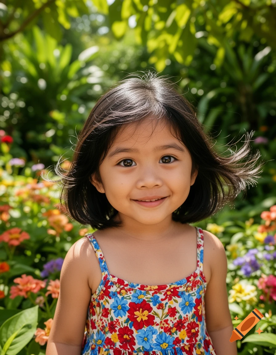 A smiling young girl with short dark hair in a floral sundress stands in a vibrant garden.