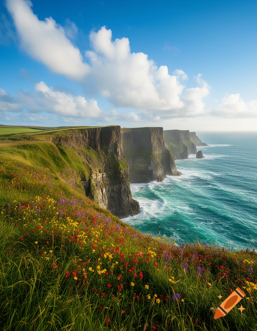 Photorealistic view of towering green cliffs overlooking a turquoise ocean with crashing waves, vibrant wildflowers, and a blue sky.