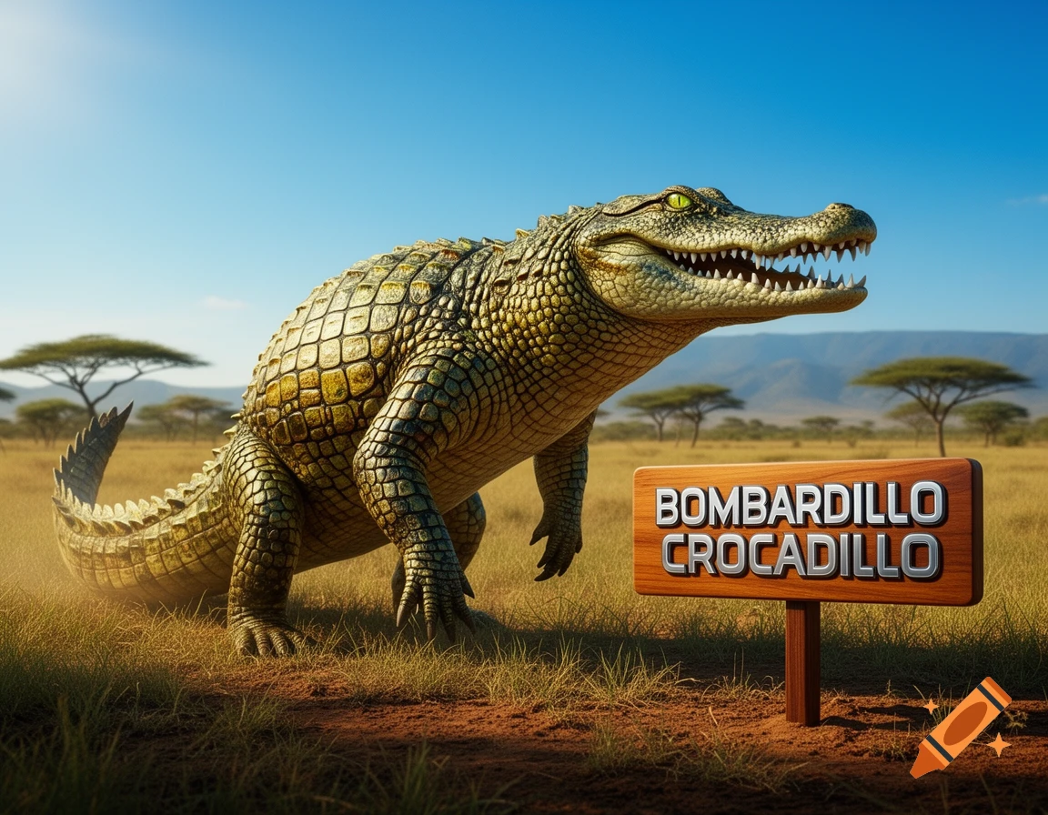A large, realistic crocodile stands in a sunlit savanna beside a wooden sign with "BOMBARDILO CROCADILLO" inscribed.