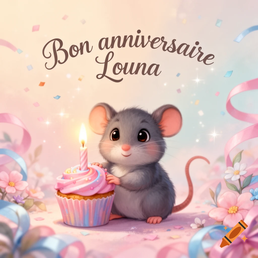 A cute cartoon mouse holding a cupcake with a lit candle, with "Bon anniversaire Louna" text above, in a cheerful illustration style.