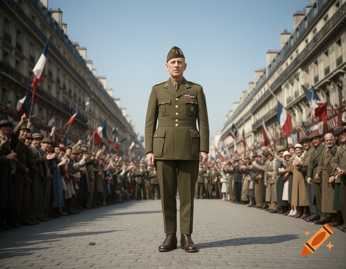 Photorealistic image of a military general standing in a street flanked by cheering crowds waving French flags.
