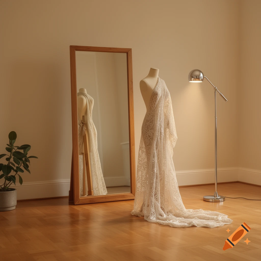 A white lace garment draped over a dress form next to a tall mirror in a minimalist room with wooden floors.
