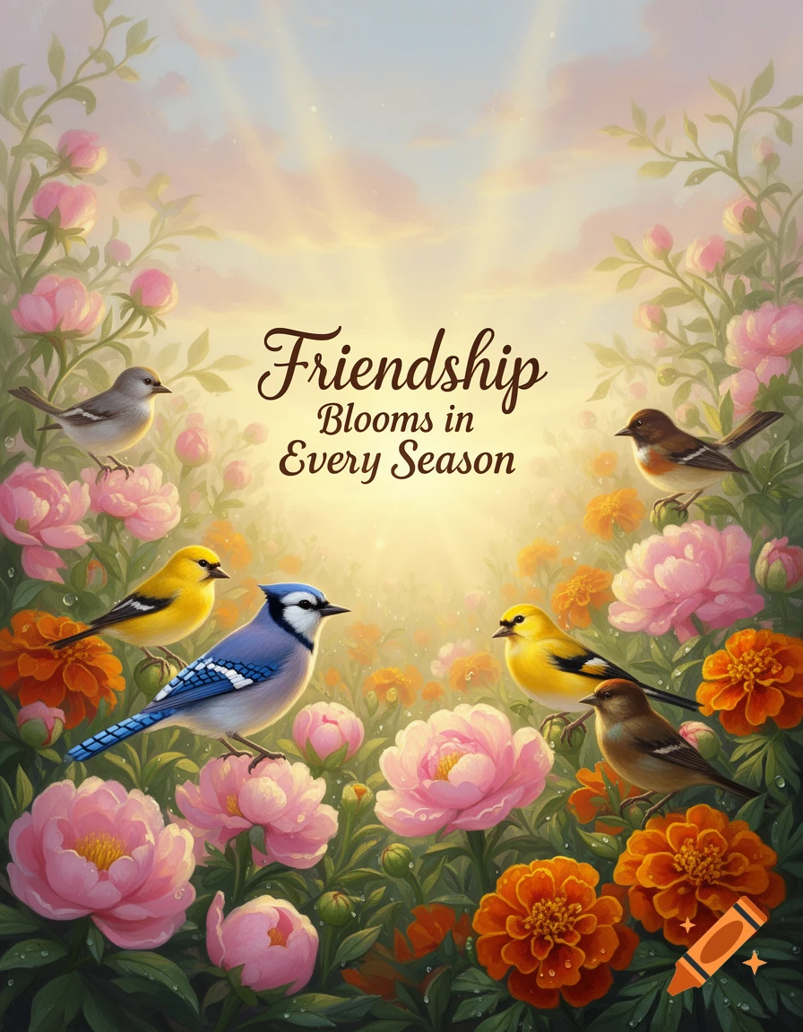 Blue jay, goldfinches, sparrows among pink peonies orange marigolds. Text: Friendship Blooms in Every Season.