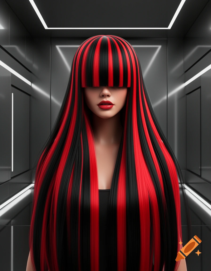 A woman with long, straight black and red striped hair, bangs covering her eyes, and red lipstick, against a futuristic black and white background.