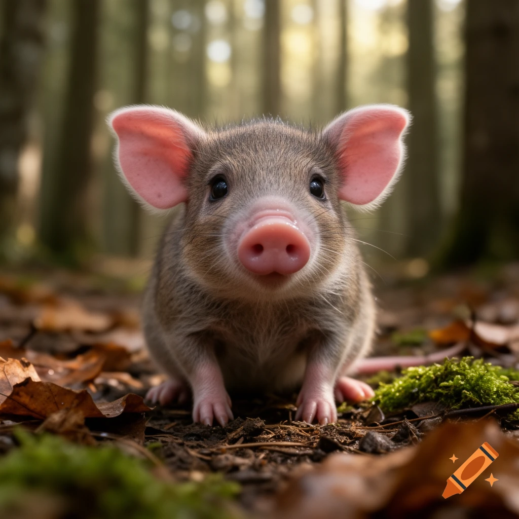 A cute, small creature with a pig's head and mouse-like body sits on a forest floor, looking forward.