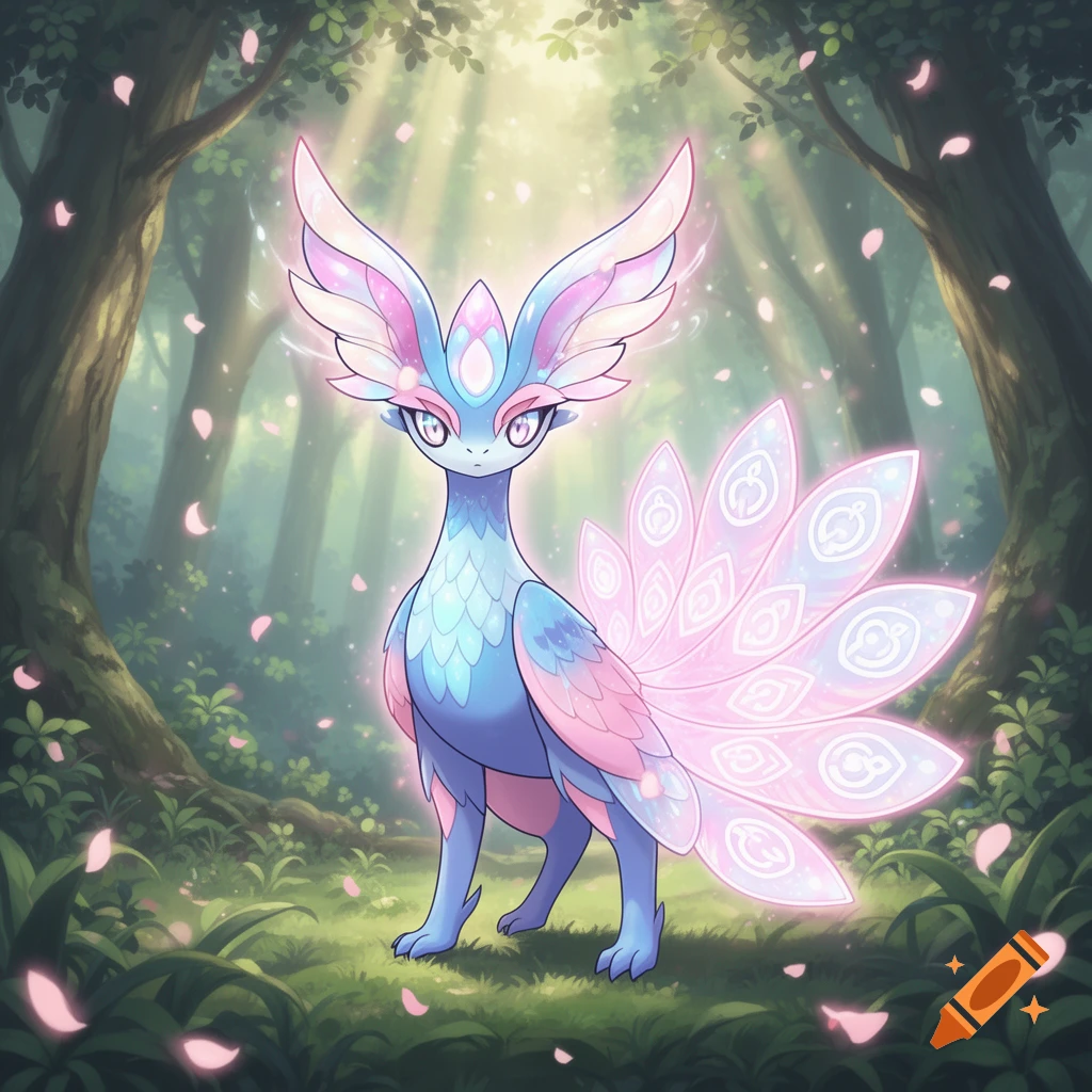 A glowing blue and pink fantasy creature with large ears and a fanned tail stands in a magical forest with falling pink petals.