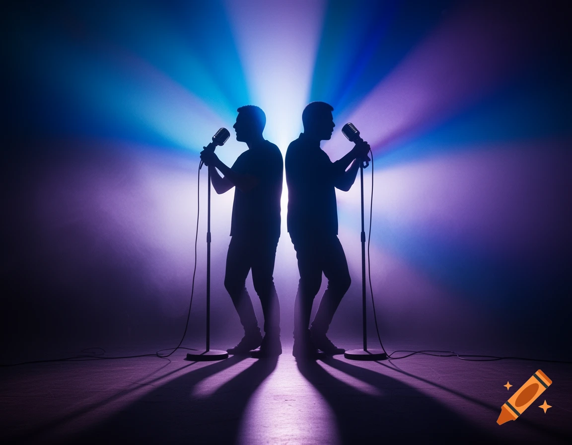 Two male silhouettes sing into microphones on a stage, illuminated by dramatic blue and purple spotlights.