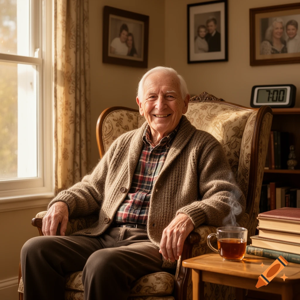 An elderly man in a plaid shirt and cardigan smiles while sitting in a patterned armchair in a sunlit living room with a clock showing 7:00.
