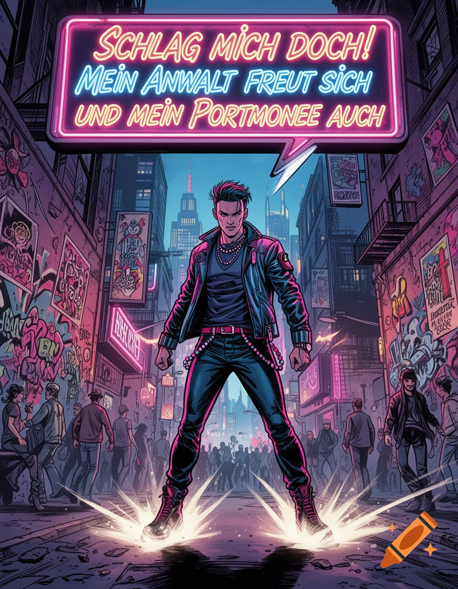 A defiant male comic character in a leather jacket stands in a neon-lit city street under a sign with German text challenging a fight.