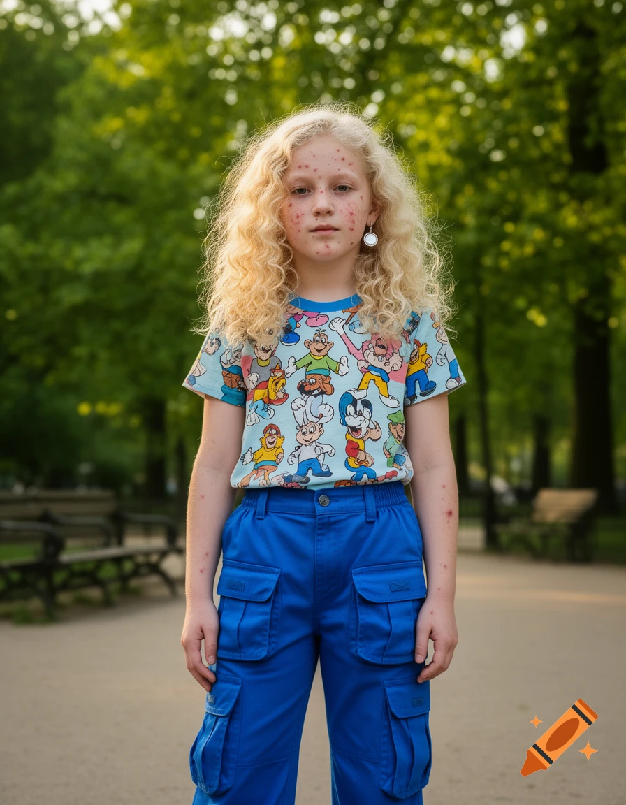 A young girl with blonde curly hair and visible spots on her face, wearing a cartoon t-shirt and blue cargo pants, standing in a park.