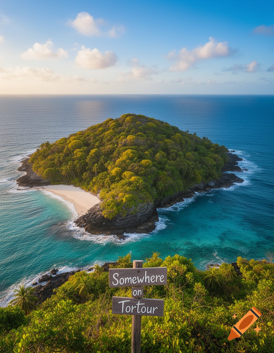 Aerial view of a lush tropical island with turquoise water, a white sand beach, and a wooden sign saying 'Somewhere on Tortour'.